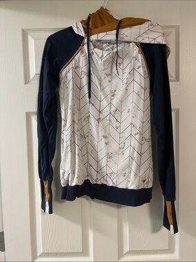 Women’s Hooded Pullover Sweater - Navy, White & Mustard